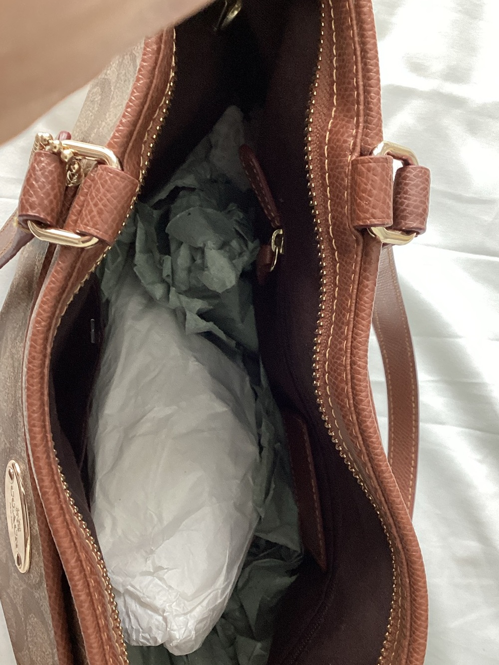 Coach Peyton Signature Logo Canvas Pocket Tote in Khaki/Saddle - Picture 8 of 16